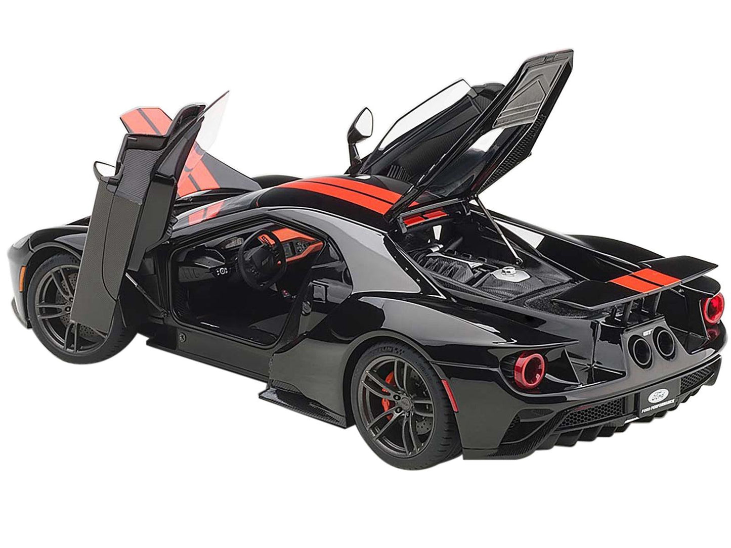 2017 Ford GT Shadow Black with Orange Stripes 1/18 Model Car by Autoart-DiecastModeler.com