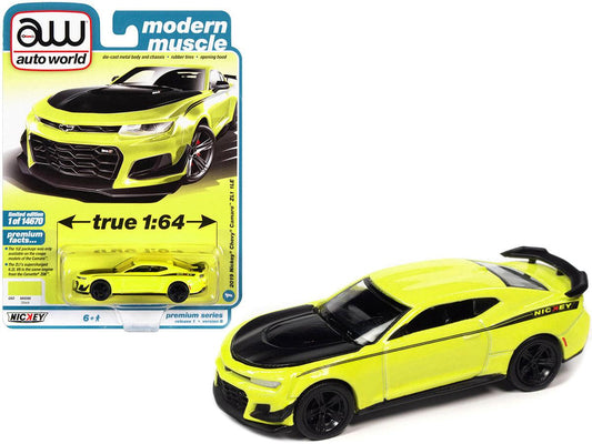 2019 Chevrolet Camaro Nickey ZL1 1LE Shock Yellow with Matt Black Hood and Stripes "Modern Muscle" Limited Edition to 14670 pieces Worldwide 1/64 Diecast Model Car by Auto World - DiecastModeler.com