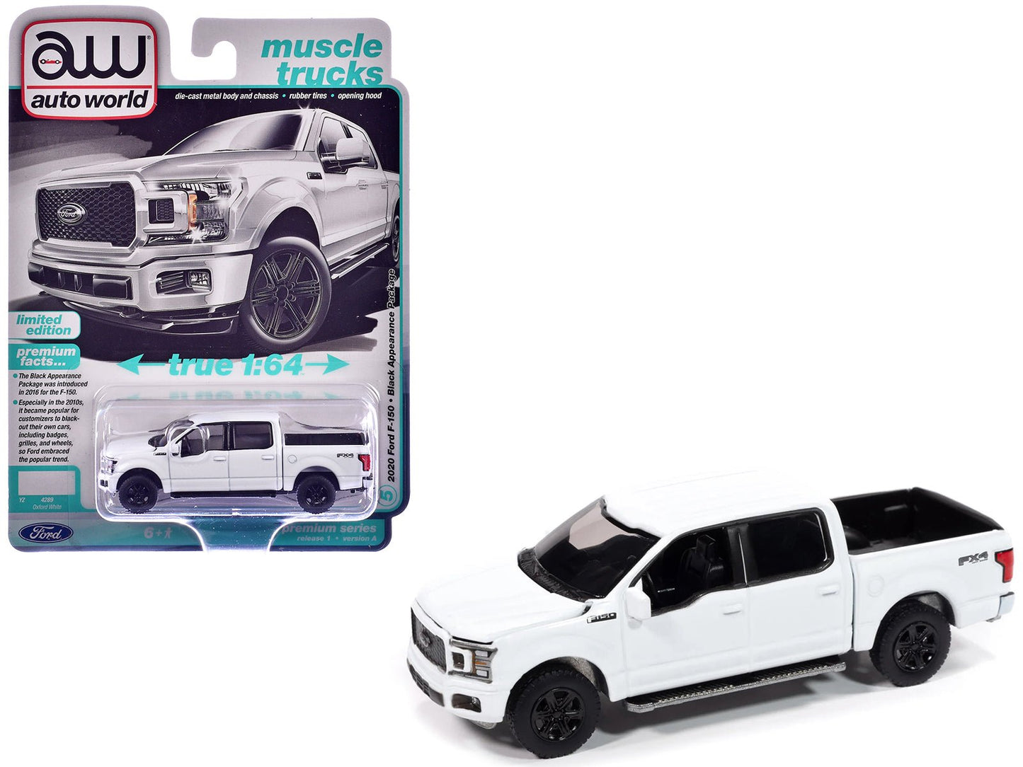 2020 Ford F-150 FX4 Black Appearance Package Pickup Truck Oxford White "Muscle Trucks" Series 1/64 Diecast Model Car by Auto World-DiecastModeler.com