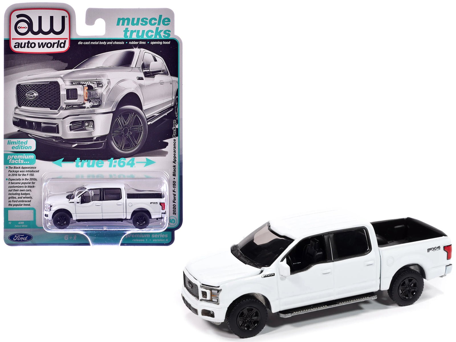 2020 Ford F-150 FX4 Black Appearance Package Pickup Truck Oxford White "Muscle Trucks" Series 1/64 Diecast Model Car by Auto World-DiecastModeler.com