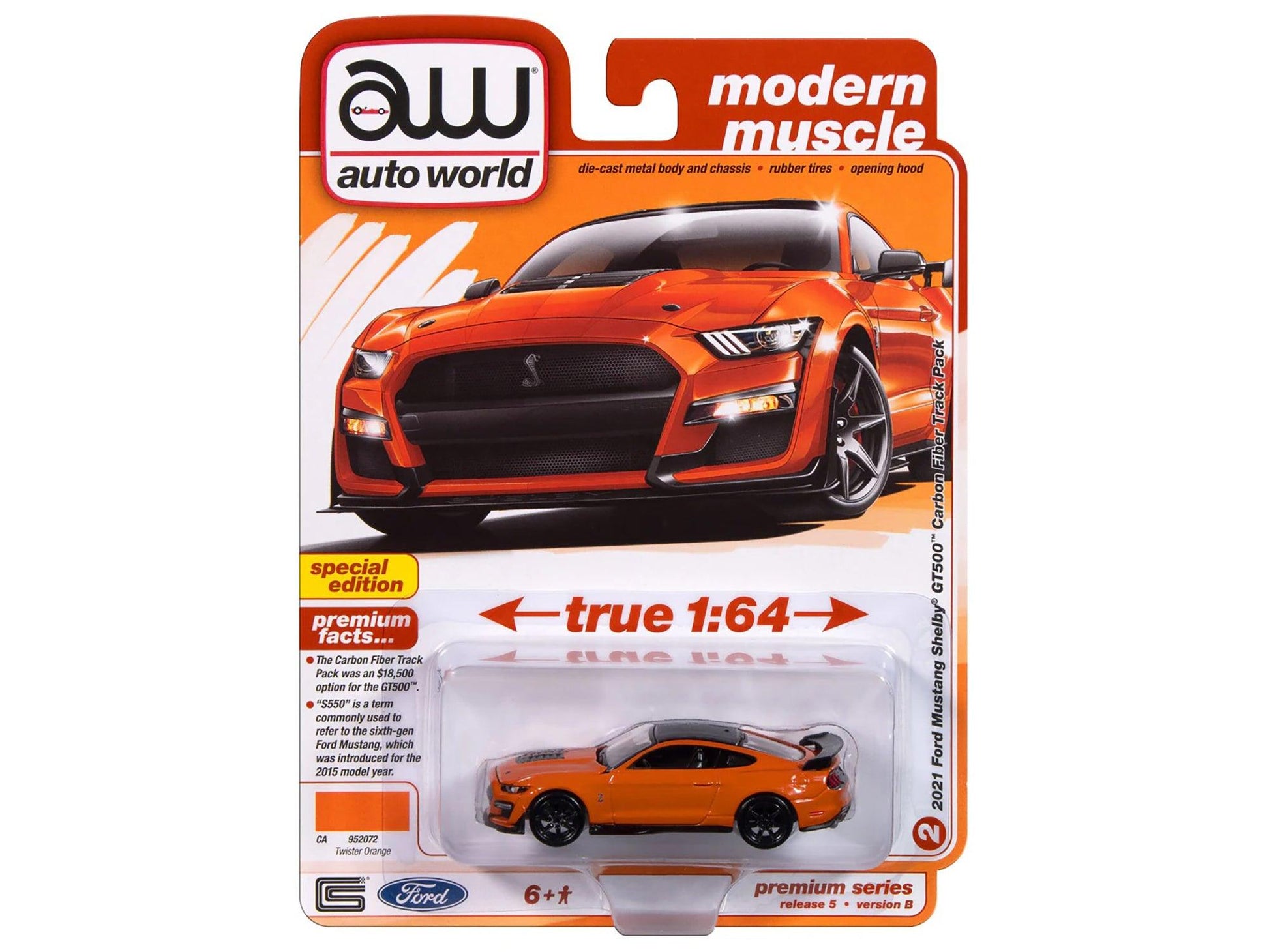 2021 Ford Mustang Shelby GT500 Carbon Fiber Track Pack Twister Orange with Black Top "Modern Muscle" Series 1/64 Diecast Model Car by Auto World-DiecastModeler.com