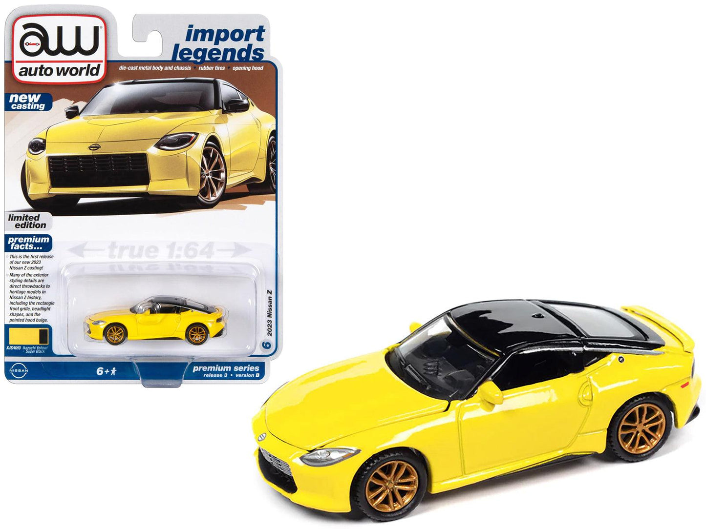 2023 Nissan Z Ikazuchi Yellow with Super Black Top "Import Legends" Limited Edition 1/64 Diecast Model Car by Auto World-DiecastModeler.com
