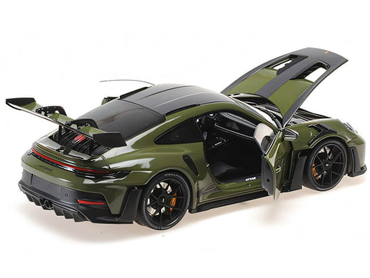 2024 Porsche 911 GT3 RS Nato Olive with Carbon Top and Hood Stripes Limited Edition to 400 pieces Worldwide 1/18 Diecast Model Car by Minichamps-DiecastModeler.com