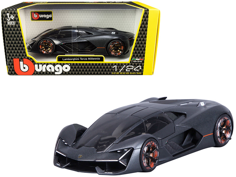 Lamborghini Terzo Millennio Dark Gray Metallic with Black Top and Carbon Accents 1/24 Diecast Model Car by Bburago-DiecastModeler.com