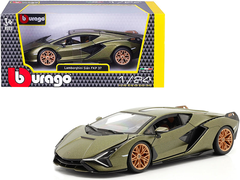 Lamborghini Sian FKP 37 Matt Green Metallic with Copper Wheels 1/24 Diecast Model Car by Bburago-DiecastModeler.com