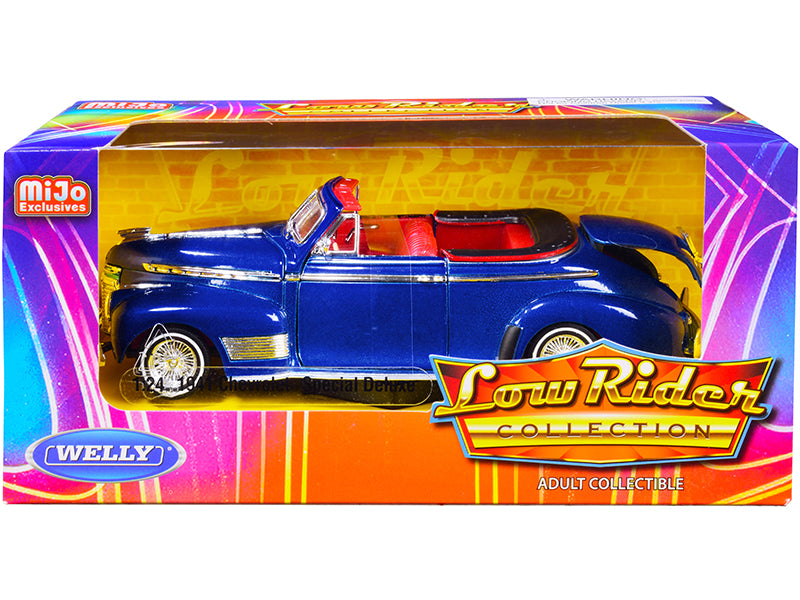 1941 Chevrolet Special Deluxe Convertible Candy Blue Metallic with Red Interior "Low Rider Collection" 1/24 Diecast Model Car by Welly-DiecastModeler.com