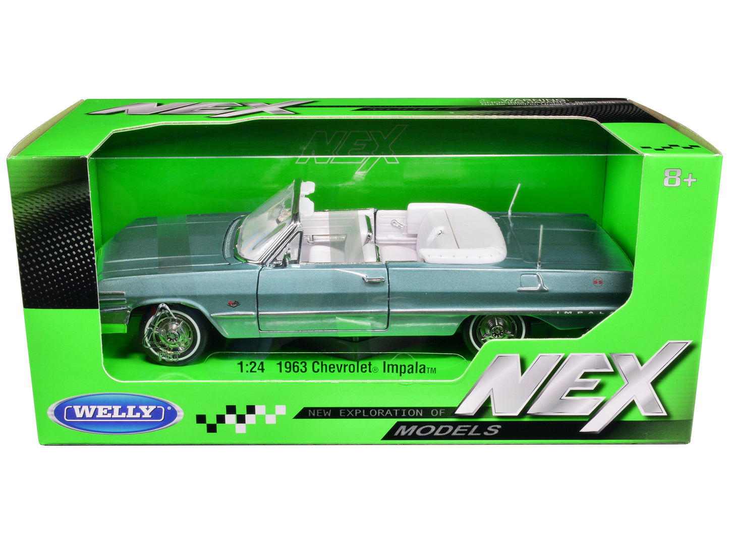 1963 Chevrolet Impala Convertible Light Blue Metallic with White Interior "NEX Models" 1/24 Diecast Model Car by Welly-DiecastModeler.com