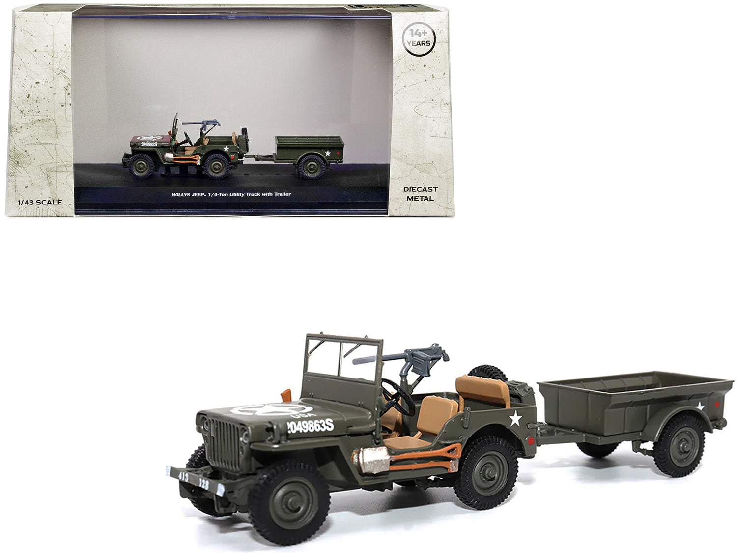 Willys Jeep 1/4-Ton Utility Truck Olive Drab with Trailer "United States Army" 1/43 Diecast Model by Militaria Die Cast-DiecastModeler.com