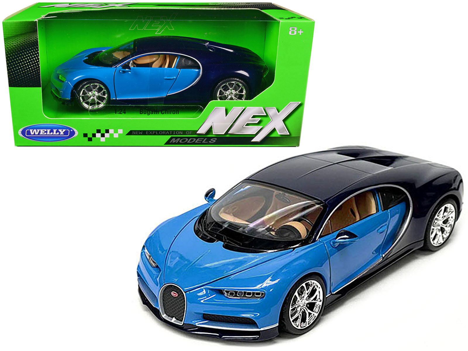 Bugatti Chiron Blue and Dark Blue Two-Tone "NEX Models" Series 1/24 Diecast Model Car by Welly-DiecastModeler.com