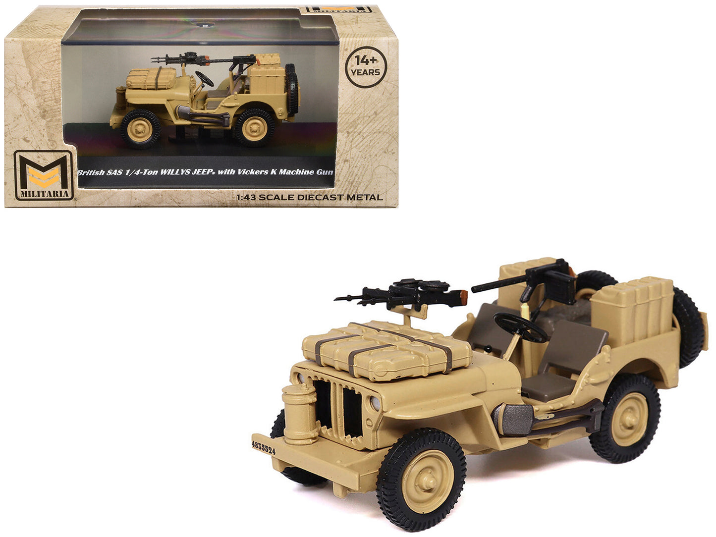British SAS 1/4-Ton Willys Jeep with Vickers K Machine Gun Desert Sand "British Royal Army" 1/43 Diecast Model by Militaria Die Cast-DiecastModeler.com