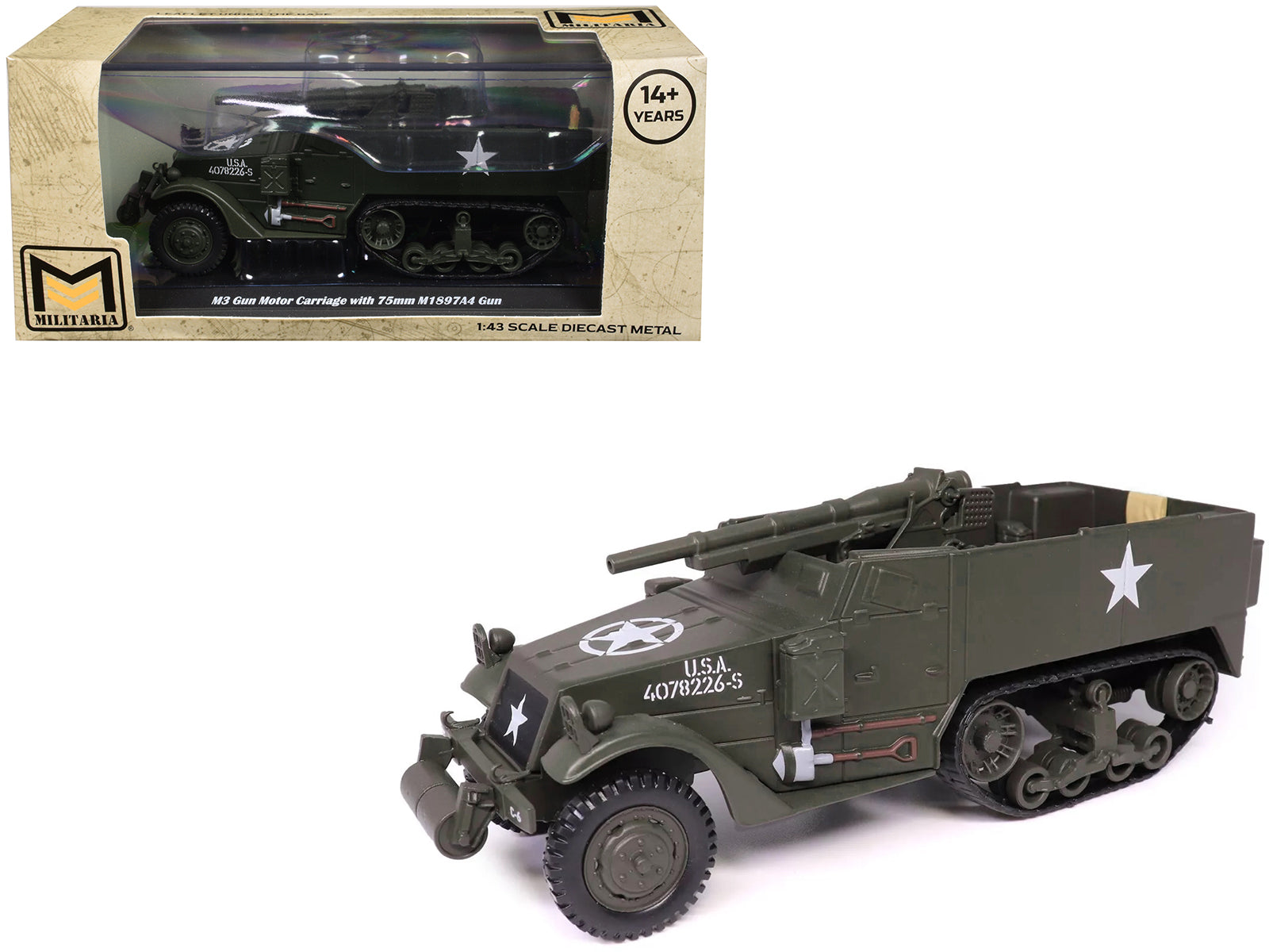 M3 Gun Motor Carriage with 75mm M1897A4 Gun Olive Drab "United States Army" 1/43 Diecast Model by Militaria Die Cast-DiecastModeler.com