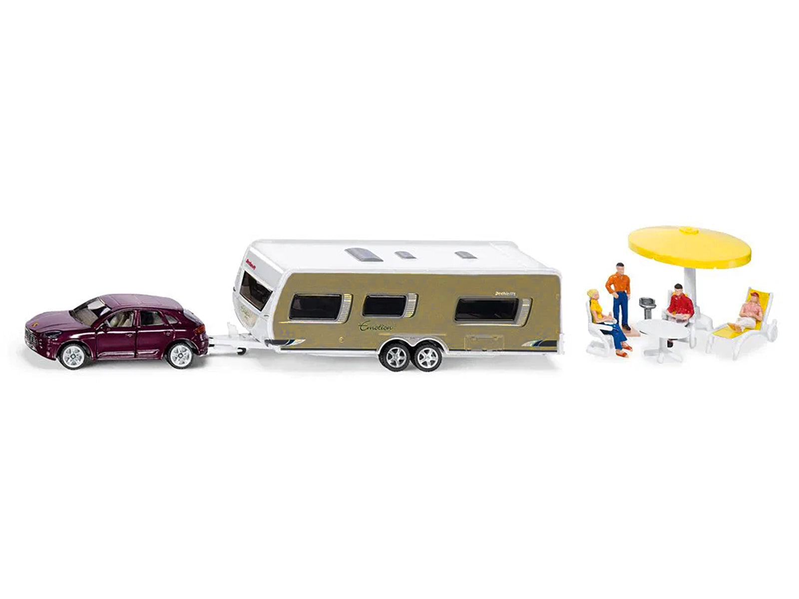 Porsche Macan Turbo Maroon Metallic and Dethleffs Exclusiv Emotion Caravan with Figures and Camp Accessories Set 1/55 Diecast Model by Siku-DiecastModeler.com