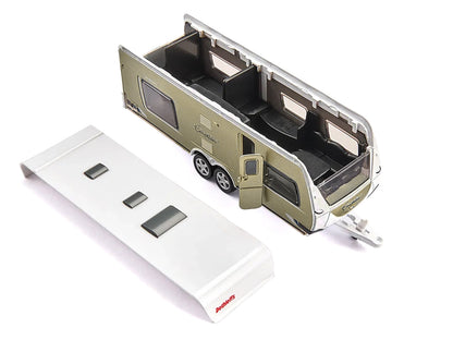 Porsche Macan Turbo Maroon Metallic and Dethleffs Exclusiv Emotion Caravan with Figures and Camp Accessories Set 1/55 Diecast Model by Siku-DiecastModeler.com