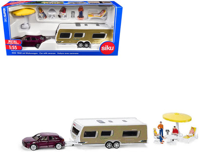 Porsche Macan Turbo Maroon Metallic and Dethleffs Exclusiv Emotion Caravan with Figures and Camp Accessories Set 1/55 Diecast Model by Siku-DiecastModeler.com