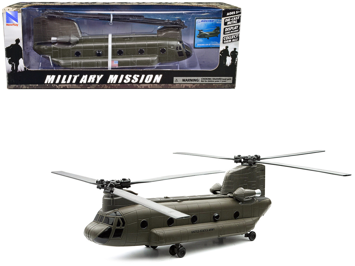 Boeing CH-47 Chinook Aircraft "United States Army" Olive Drab "Military Mission" Series 1/60 Diecast Model by New Ray-DiecastModeler.com