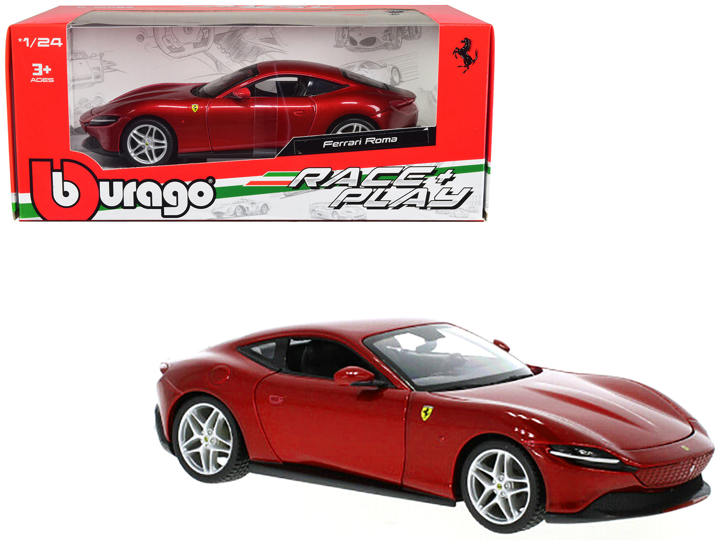 Ferrari Roma Red Metallic "Race + Play" Series 1/24 Diecast Model Car by Bburago-DiecastModeler.com