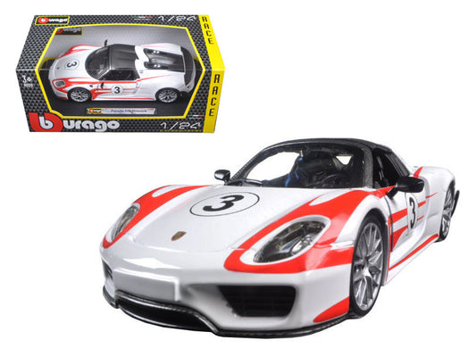 Porsche 918 Spyder Weissach #3 White 1/24 Diecast Model Car by Bburago-DiecastModeler.com