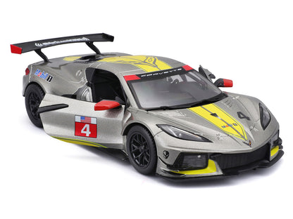 2020 Chevrolet Corvette C8.R #4 Silver Metallic with Yellow Stripes "Race" Series 1/24 Diecast Model Car by Bburago-DiecastModeler.com