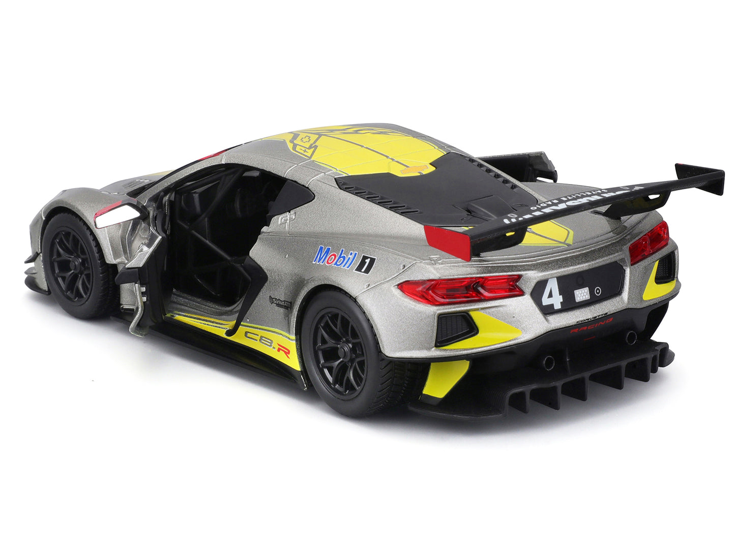 2020 Chevrolet Corvette C8.R #4 Silver Metallic with Yellow Stripes "Race" Series 1/24 Diecast Model Car by Bburago-DiecastModeler.com