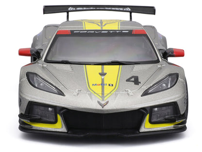 2020 Chevrolet Corvette C8.R #4 Silver Metallic with Yellow Stripes "Race" Series 1/24 Diecast Model Car by Bburago-DiecastModeler.com