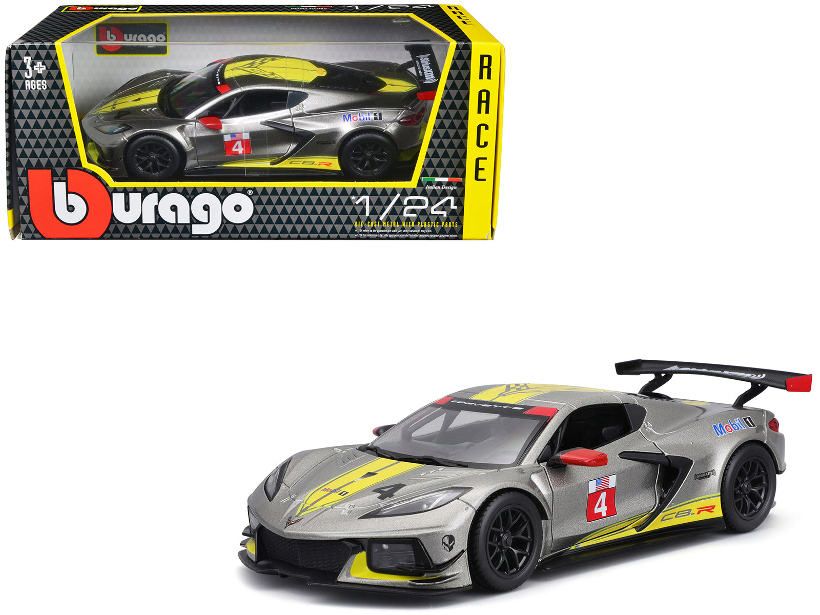 2020 Chevrolet Corvette C8.R #4 Silver Metallic with Yellow Stripes "Race" Series 1/24 Diecast Model Car by Bburago-DiecastModeler.com