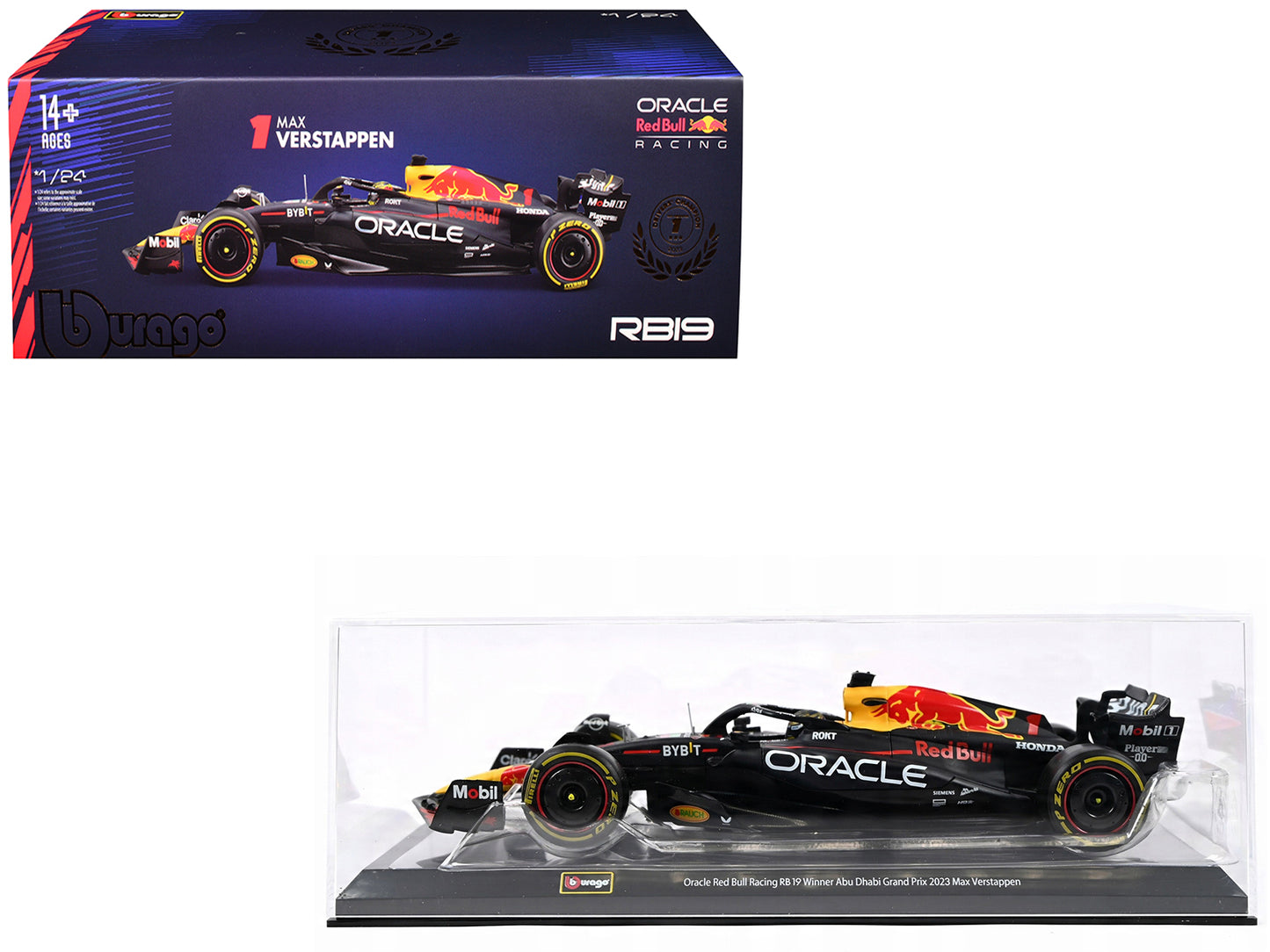Red Bull Racing RB19 #1 Max Verstappen "Oracle" Winner Formula One F1 Championship "Drivers' Champion" (2023) with Display Case 1/24 Diecast Model Car by Bburago-DiecastModeler.com
