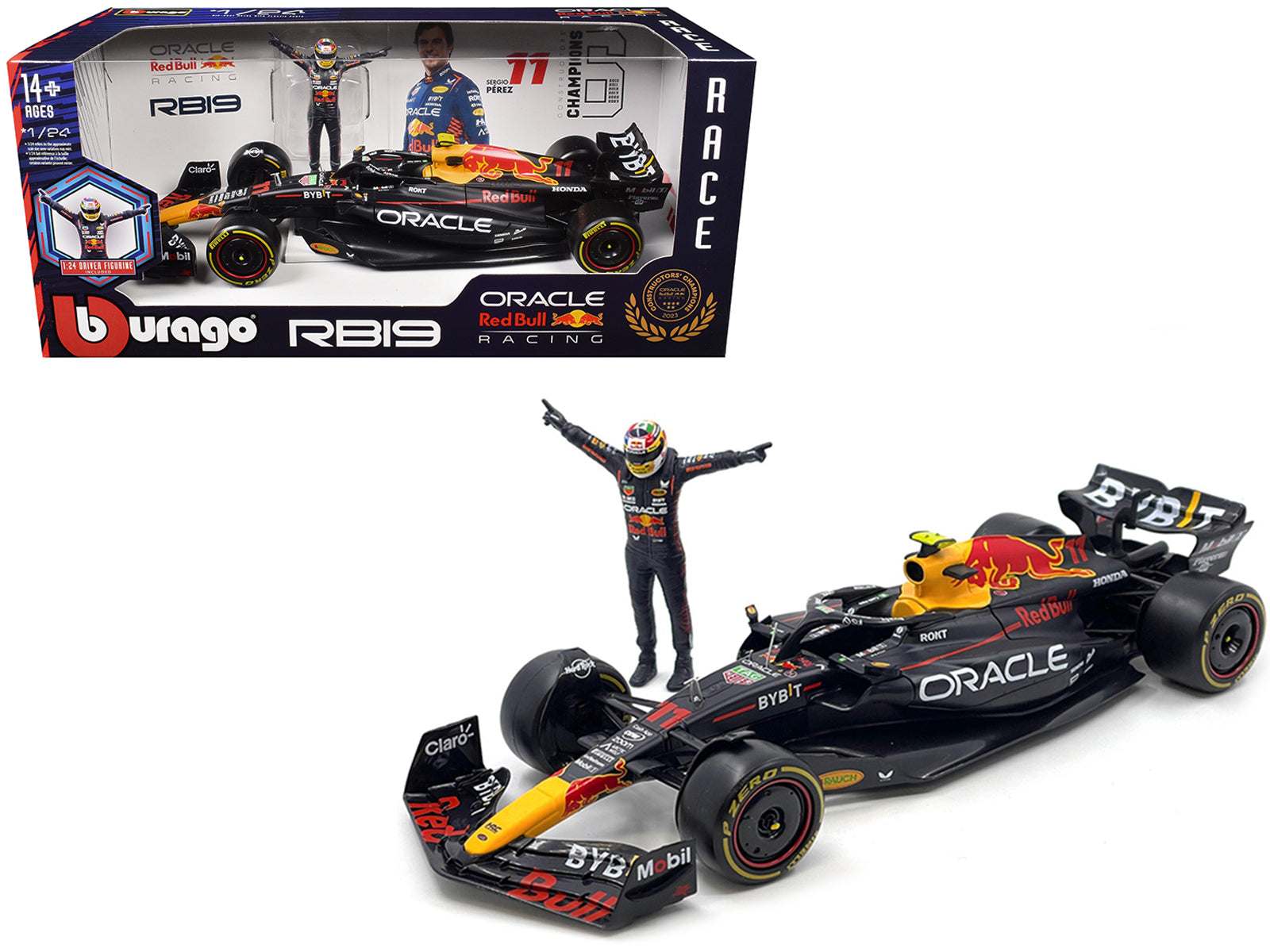 Red Bull Racing RB19 #11 Sergio Perez "Oracle" Formula One F1 Championship "Constructor Champions" (2023) with Driver Figure 1/24 Diecast Model Car by Bburago-DiecastModeler.com