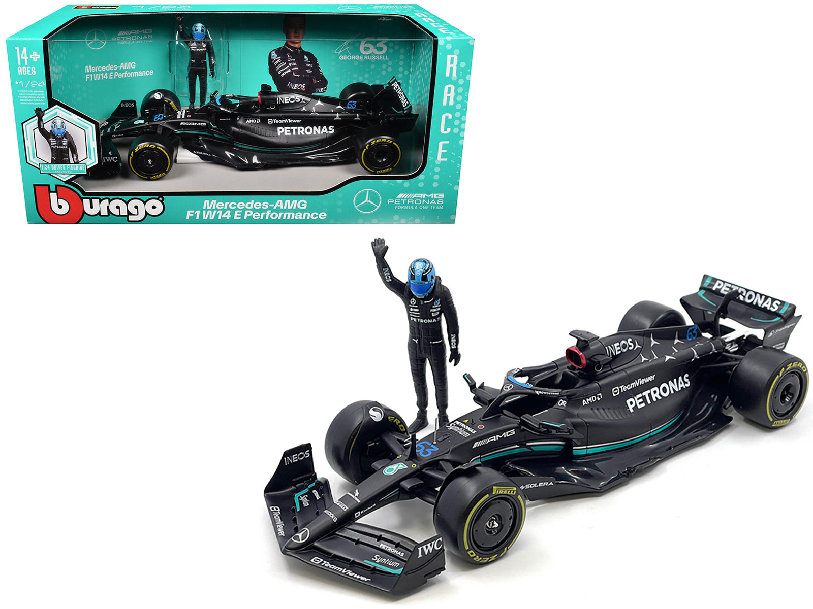 Mercedes-AMG W14 E Performance #63 George Russell "Petronas" Formula One F1 World Championship (2023) with Driver Figure 1/24 Diecast Model Car by Bburago-DiecastModeler.com