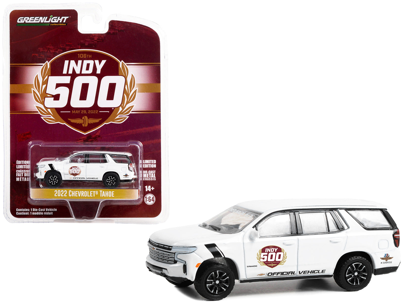 2022 Chevrolet Tahoe White "106th Running of the Indianapolis 500 Official Vehicle" (2022) "Anniversary Collection" Series 15 1/64 Diecast Model Car by Greenlight-DiecastModeler.com
