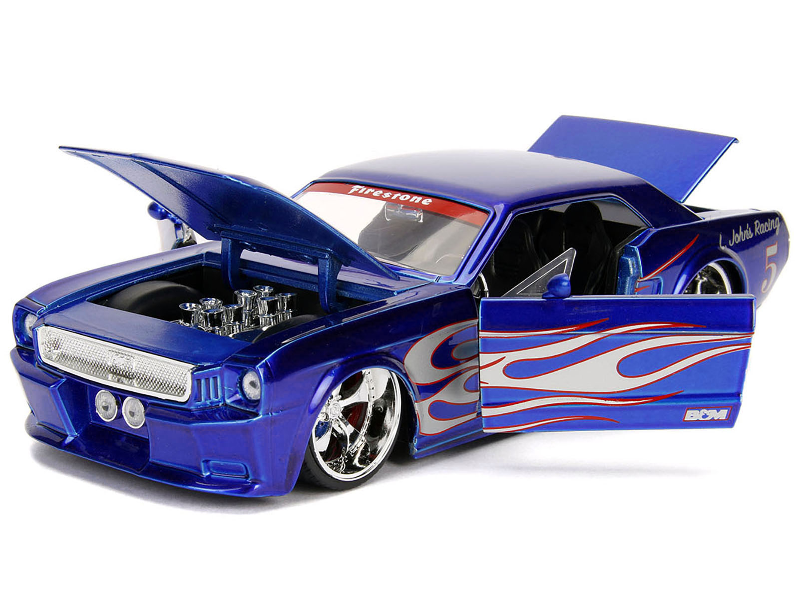 1965 Ford Mustang #5 "L. John's Racing" Candy Blue with Flame Graphics "Bigtime Muscle" Series 1/24 Diecast Model Car by Jada-DiecastModeler.com