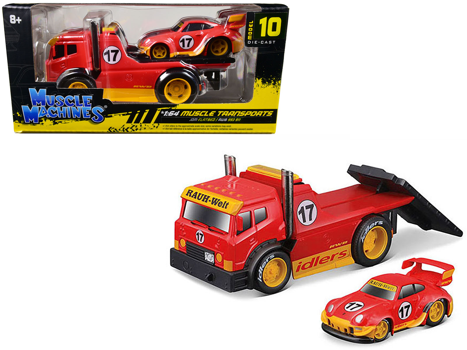 JDM Flatbed Truck #17 Red "RAUH-Welt BEGRIFF" and Porsche RWB 911 993 #17 Red "Muscle Transports" Series 1/64 Diecast Model Cars by Muscle Machines-DiecastModeler.com