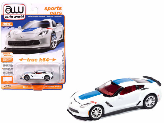 2018 Chevrolet Corvette Grand Sport Arctic White with Blue Stripe and Red Interior "Sports Cars" Series 1/64 Diecast Model Car by Auto World-DiecastModeler.com