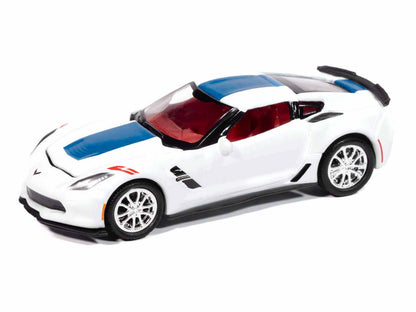 2018 Chevrolet Corvette Grand Sport Arctic White with Blue Stripe and Red Interior "Sports Cars" Series 1/64 Diecast Model Car by Auto World-DiecastModeler.com