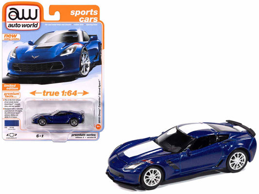 2018 Chevrolet Corvette Grand Sport Admiral Blue with White Stripe "Sports Cars" Series 1/64 Diecast Model Car by Auto World-DiecastModeler.com