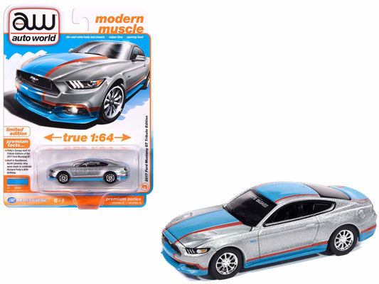 2017 Ford Mustang GT Tribute Edition "Petty's Garage" Ingot Silver Metallic with Petty Blue and Red Stripes "Modern Muscle" Series 1/64 Diecast Model Car by Auto World-DiecastModeler.com