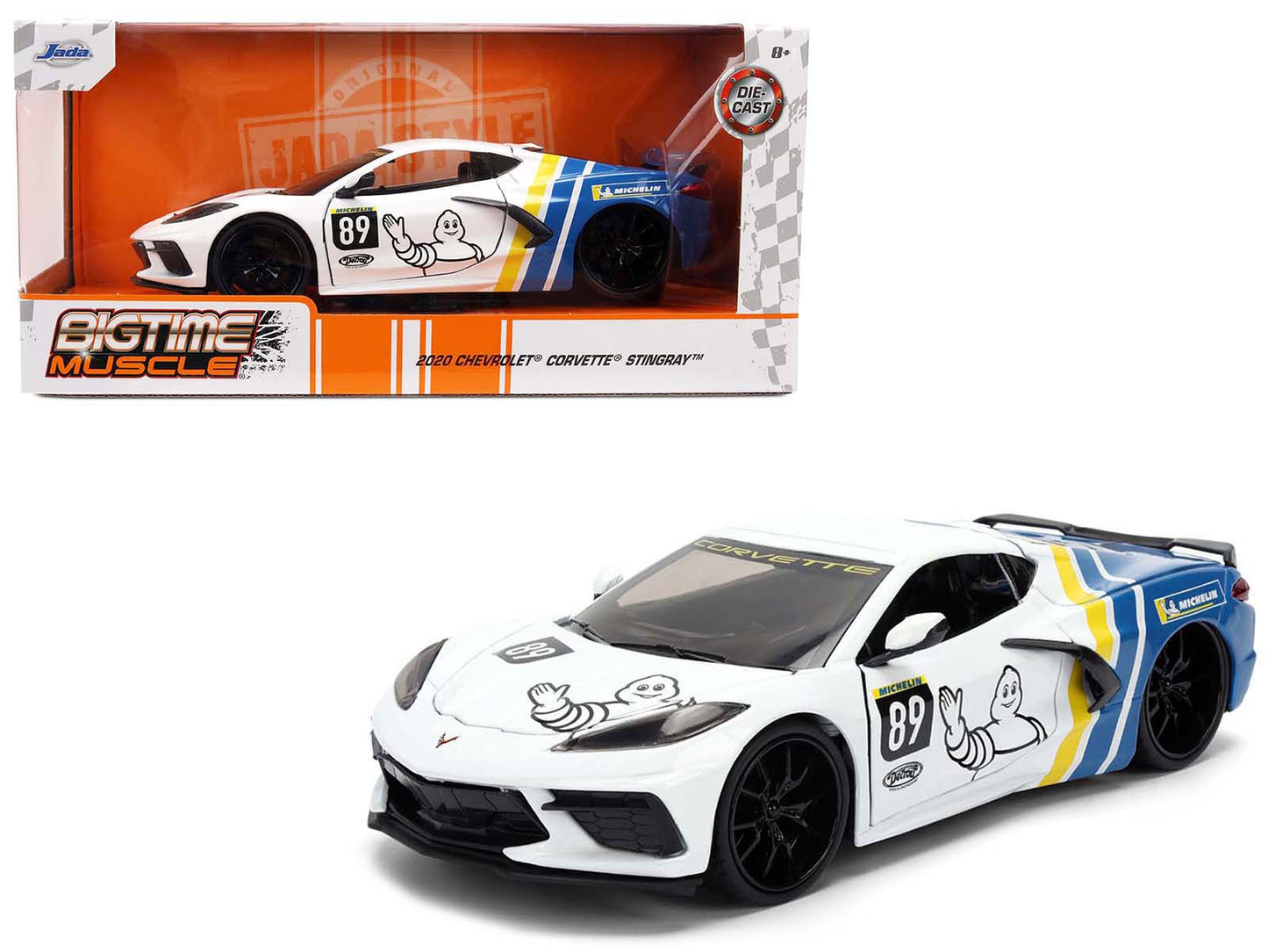 2020 Chevrolet Corvette Stingray C8 #89 "Michelin" White with Yellow and Blue Stripes "Bigtime Muscle" Series 1/24 Diecast Model Car by Jada-DiecastModeler.com