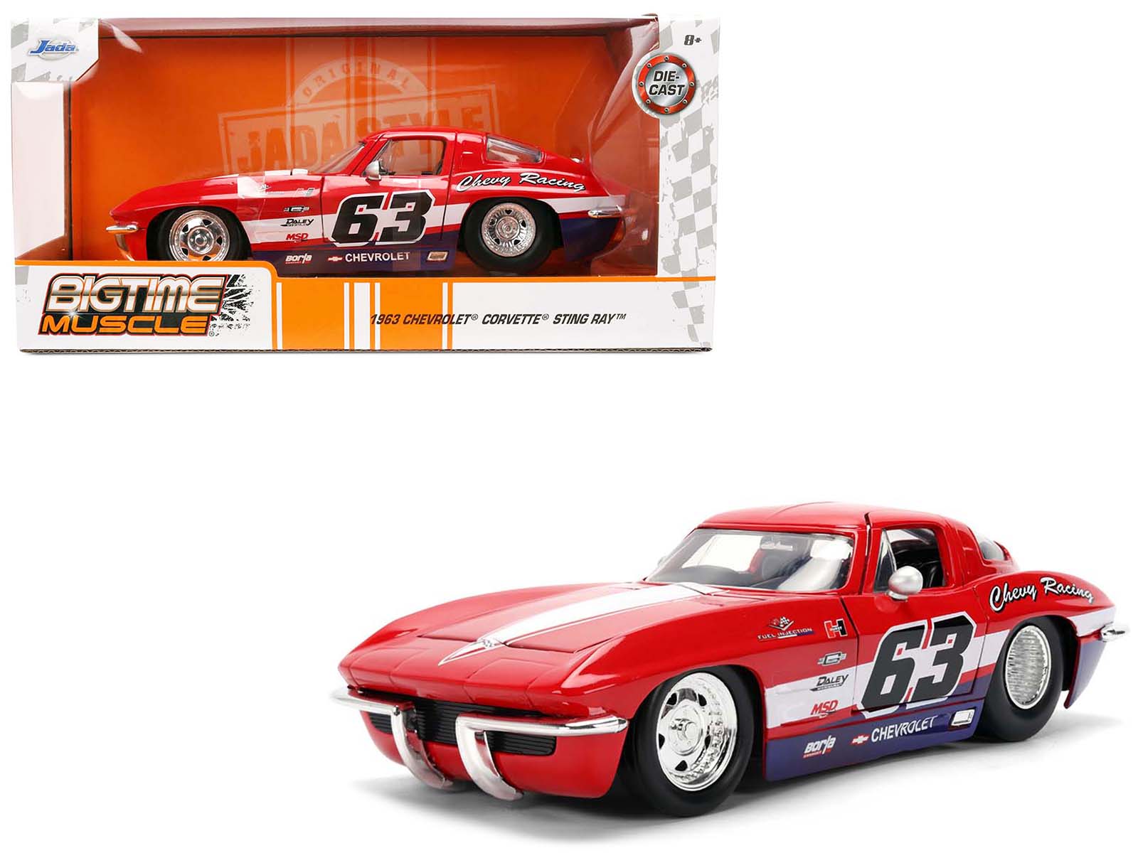 1963 Chevrolet Corvette Stingray #63 "Chevy Racing" Red with White and Blue Stripes "Bigtime Muscle" Series 1/24 Diecast Model Car by Jada-DiecastModeler.com