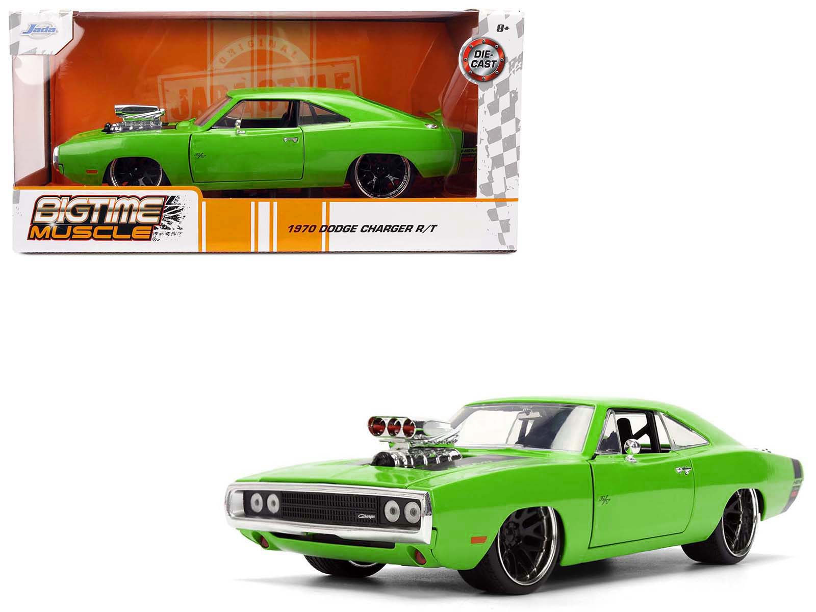 1970 Dodge Charger R/T Bright Green with Black Tail Stripe "Bigtime Muscle" Series 1/24 Diecast Model Car by Jada-DiecastModeler.com