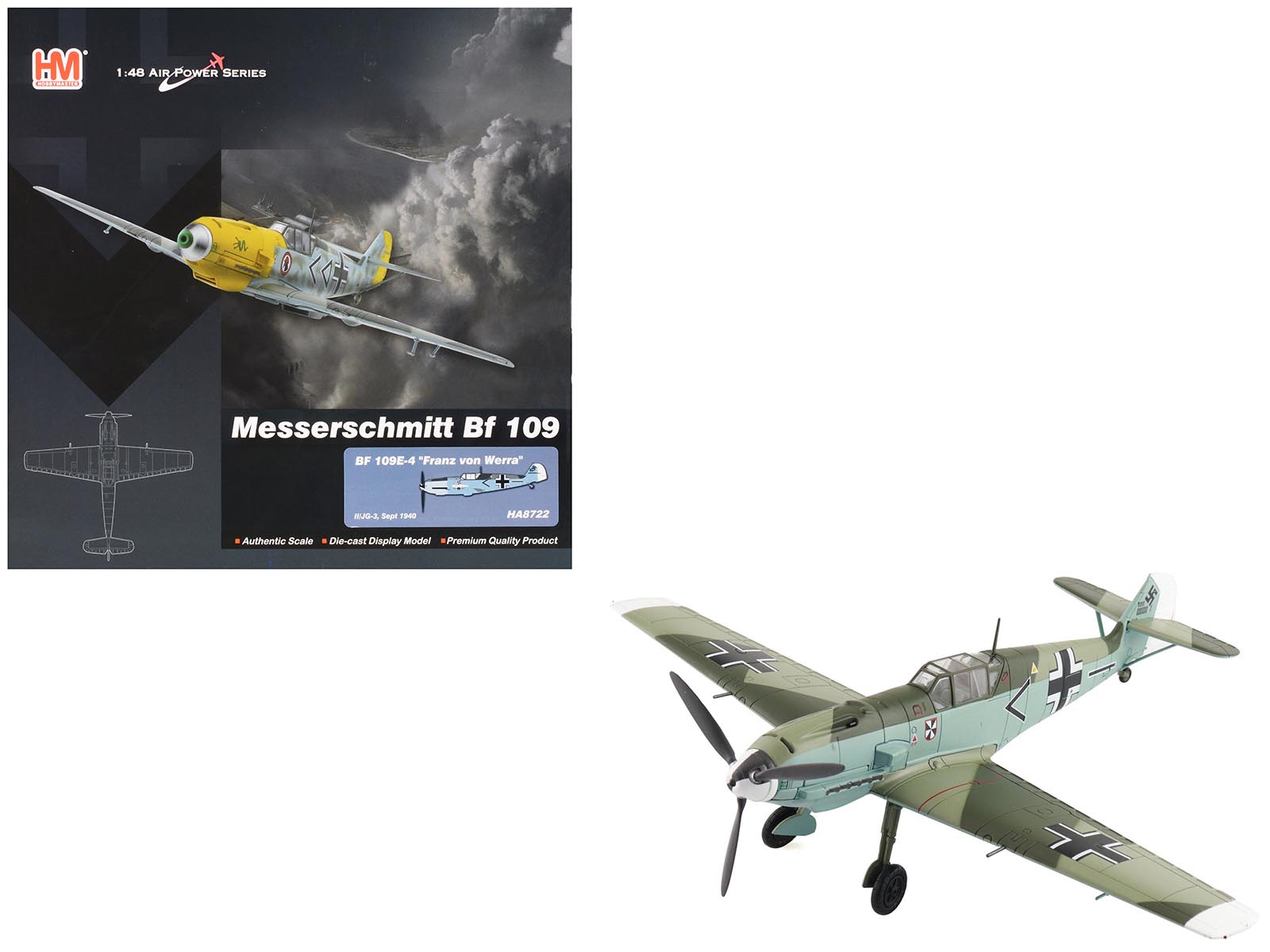 Messerschmitt BF 109E-4 Fighter Aircraft "Franz von Werra II/JG-3" (1940) German Luftwaffe "Air Power Series" 1/48 Diecast Model by Hobby Master-DiecastModeler.com