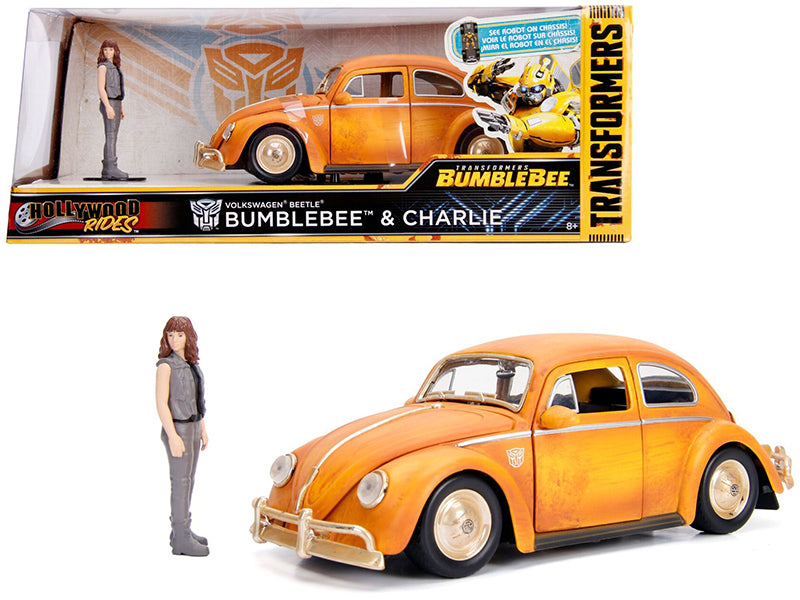 Volkswagen Beetle Weathered Yellow with Robot on Chassis and Charlie Diecast Figurine "Bumblebee" (2018) Movie ("Transformers" Series) "Hollywood Rides" Series 1/24 Diecast Model Car by Jada-DiecastModeler.com