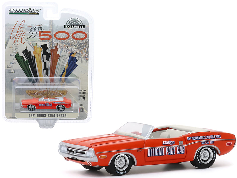 1971 Dodge Challenger Convertible Official Pace Car Orange "55th Indianapolis 500 Mile Race" "Hobby Exclusive" 1/64 Diecast Model Car by Greenlight-DiecastModeler.com