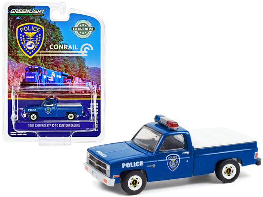 1981 Chevrolet C-10 Custom Deluxe Pickup Truck Blue with White Truck Bed Cover "Conrail (Consolidated Rail Corporation) Police" "Hobby Exclusive" 1/64 Diecast Model Car by Greenlight-DiecastModeler.com