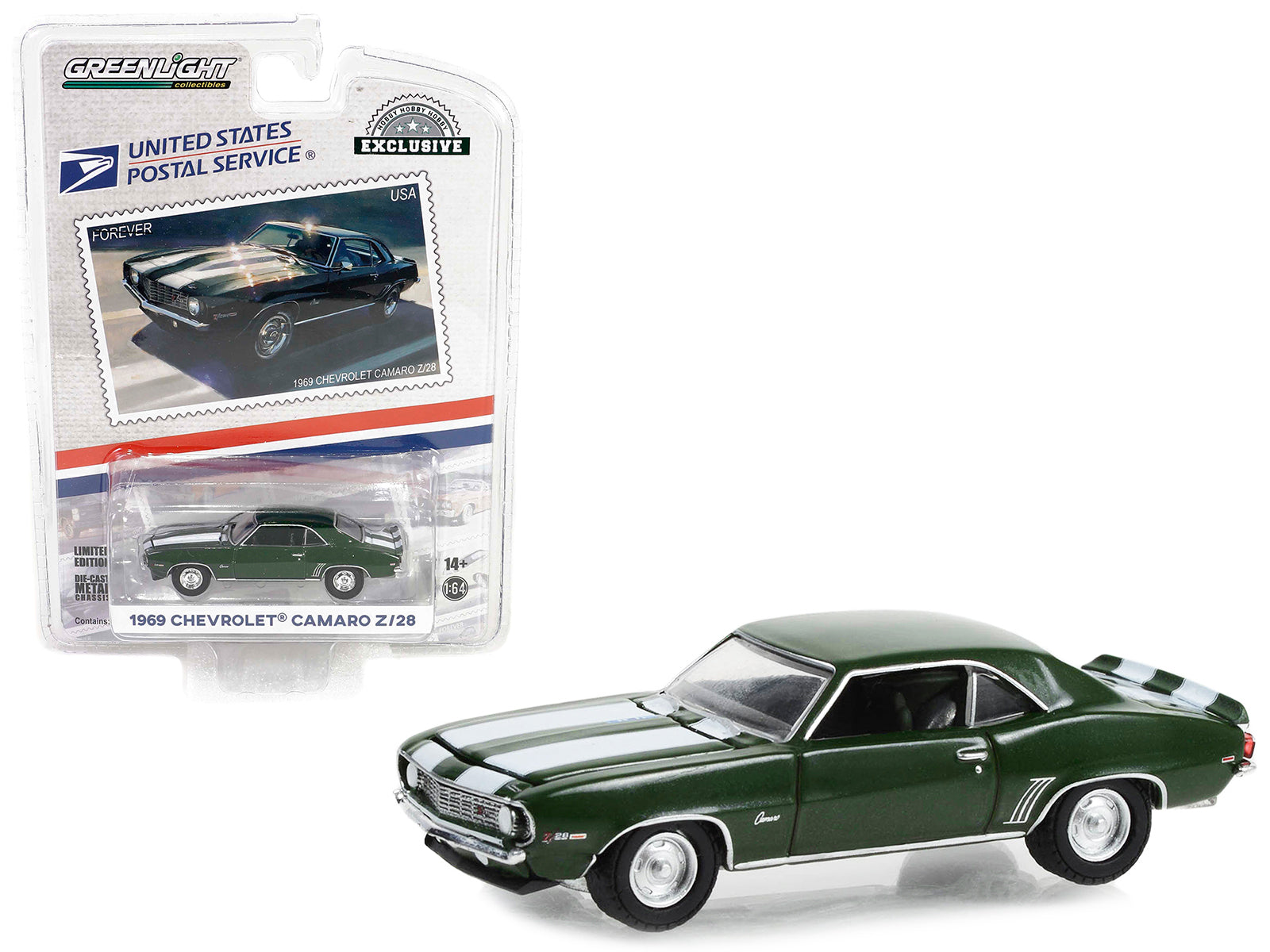 1969 Chevrolet Camaro Z/28 Green Metallic with White Stripes USPS (United States Postal Service) "2022 Pony Car Stamp Collection by Artist Tom Fritz" "Hobby Exclusive" Series 1/64 Diecast Model Car by Greenlight-DiecastModeler.com