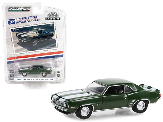 1969 Chevrolet Camaro Z/28 Green Metallic with White Stripes USPS (United States Postal Service) "2022 Pony Car Stamp Collection by Artist Tom Fritz" "Hobby Exclusive" Series 1/64 Diecast Model Car by Greenlight-DiecastModeler.com