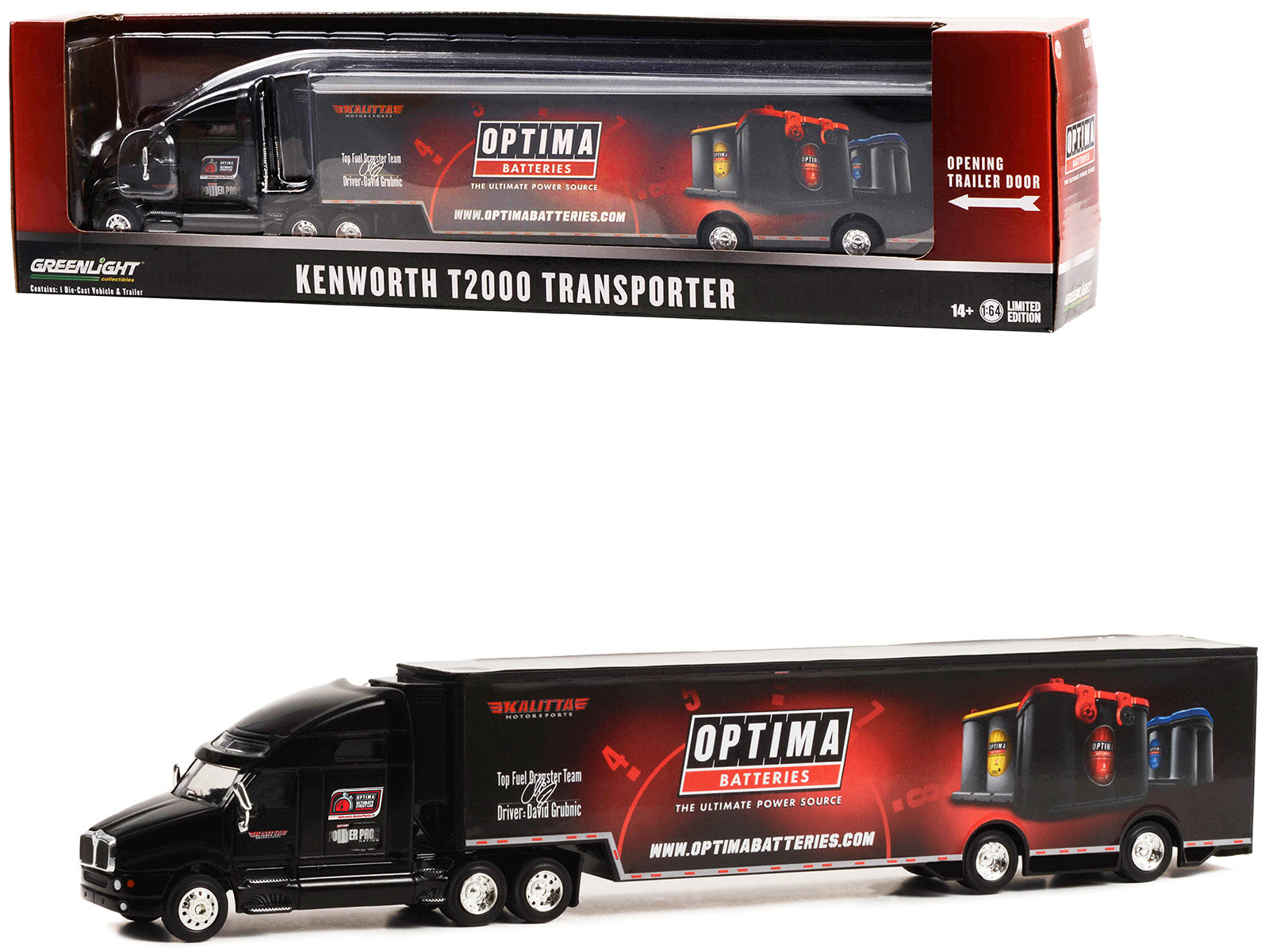 Kenworth T2000 Transporter Black "OPTIMA Batteries: The Ultimate Power Source" "Hobby Exclusive" Series 1/64 Diecast Model by Greenlight-DiecastModeler.com