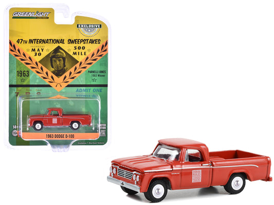 1963 Dodge D-100 Pickup Truck "47th International 500 Mile Sweepstakes - Indianapolis 500 Official Truck" Red "Hobby Exclusive" Series 1/64 Diecast Model Car by Greenlight-DiecastModeler.com