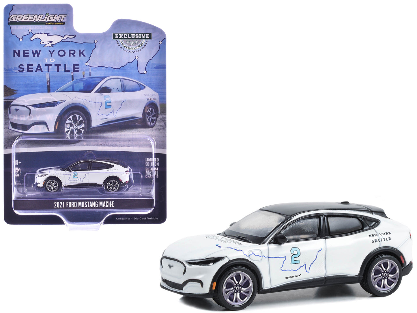 2021 Ford Mustang Mach-E #2 "New York to Seattle Transcontinental Tour" White with Black Top "Hobby Exclusive" Series 1/64 Diecast Model Car by Greenlight