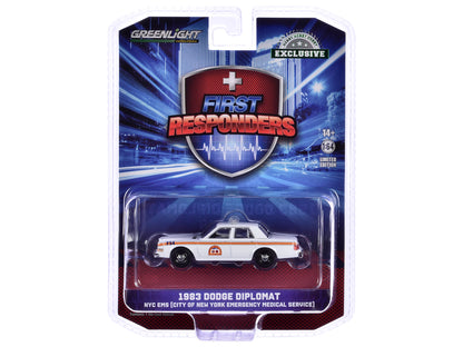 1983 Dodge Diplomat "NYC EMS (City of New York Emergency Medical Service)" White with Orange Stripes "First Responders - Hobby Exclusive" Series 1/64 Diecast Model Car by Greenlight