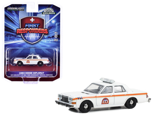 1983 Dodge Diplomat "NYC EMS (City of New York Emergency Medical Service)" White with Orange Stripes "First Responders - Hobby Exclusive" Series 1/64 Diecast Model Car by Greenlight-DiecastModeler.com