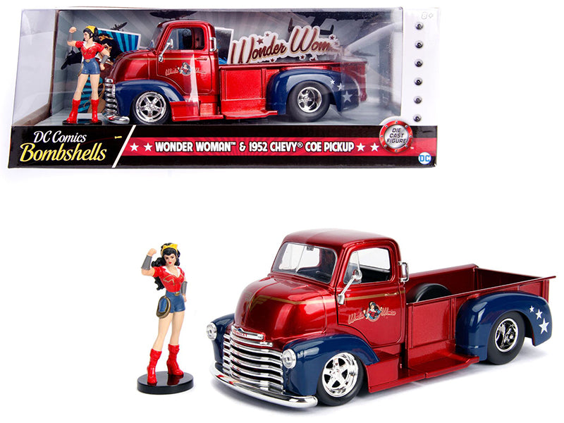 1952 Chevrolet COE Pickup Truck Candy Red and Blue with Wonder Woman Diecast Figure "DC Comics Bombshells" Series "Hollywood Rides" 1/24 Diecast Model Car by Jada-DiecastModeler.com